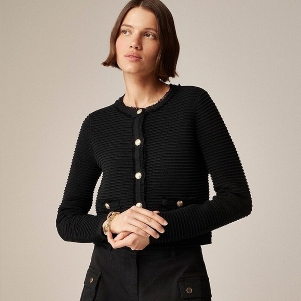 J. Crew Black Textured Knit Cropped Lady Jacket Gold Button‎ Fringe Size M Cardi